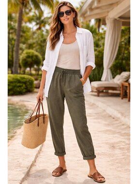 J. Crew Linen Blend Straight Leg Green Cropped Pants 4 Casual Beach Vacation